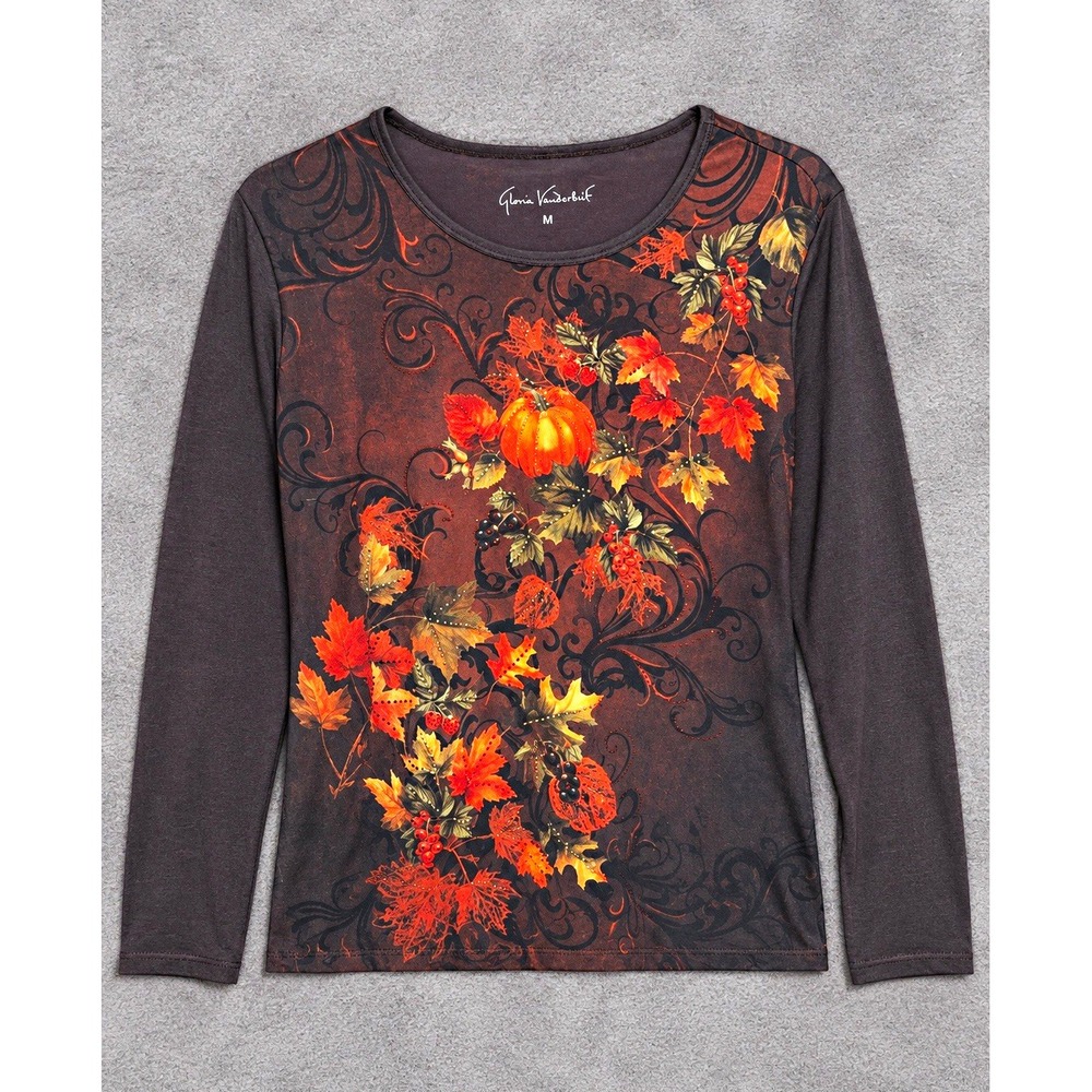 Gloria Vanderbilt Womens M Knit Round Neck Long Sleeve Rhinestone Autumn Floral